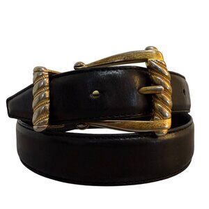 Fossil Black Leather Belt Brass Twist Buckle Size Medium VTG Y2K Dress Casual